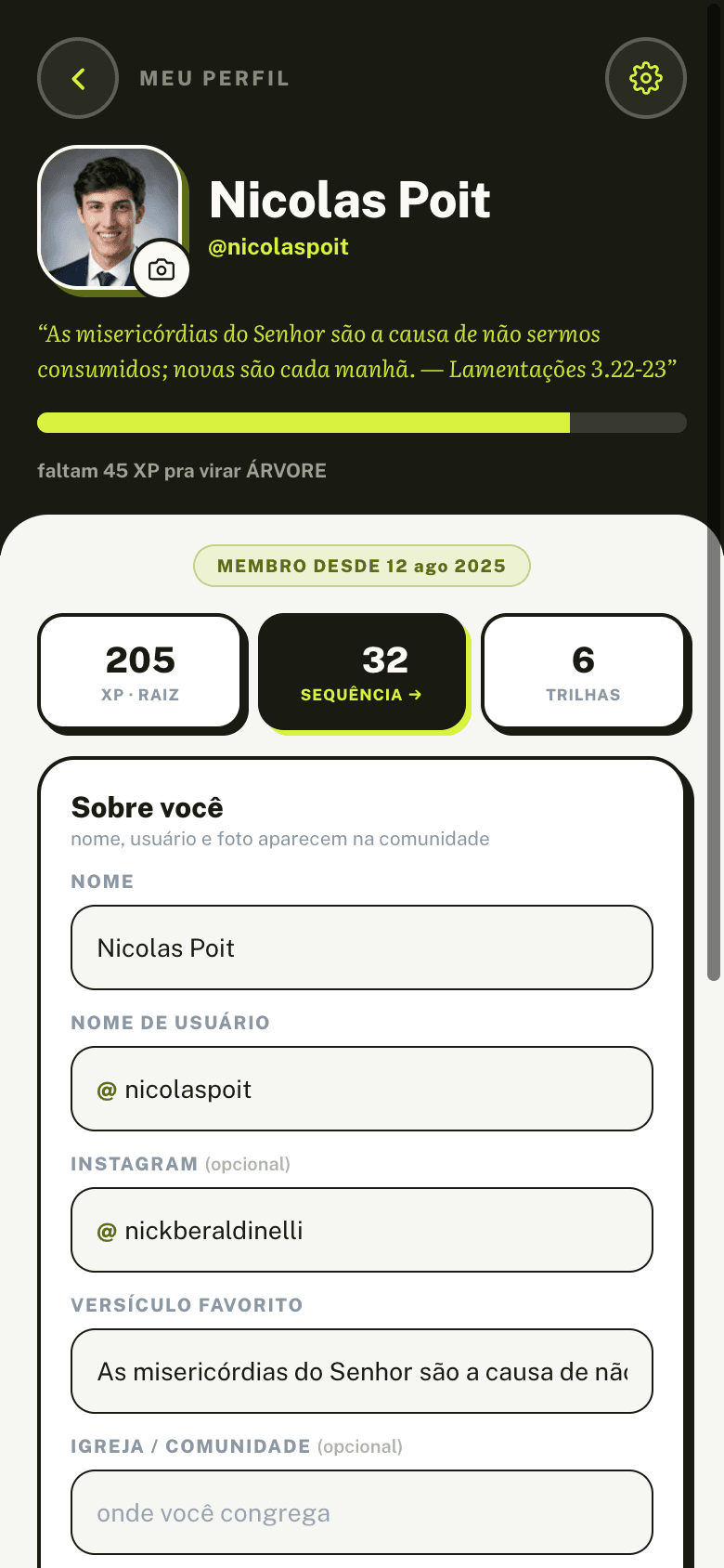 Tela de perfil: foto, versículo favorito e sequência