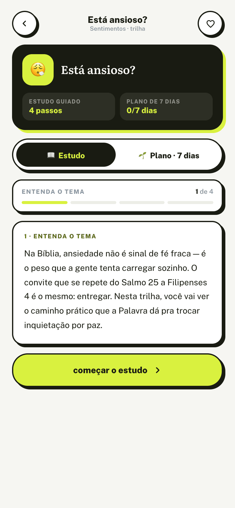 Tela de trilha do app: estudo guiado em 4 passos com plano de 7 dias